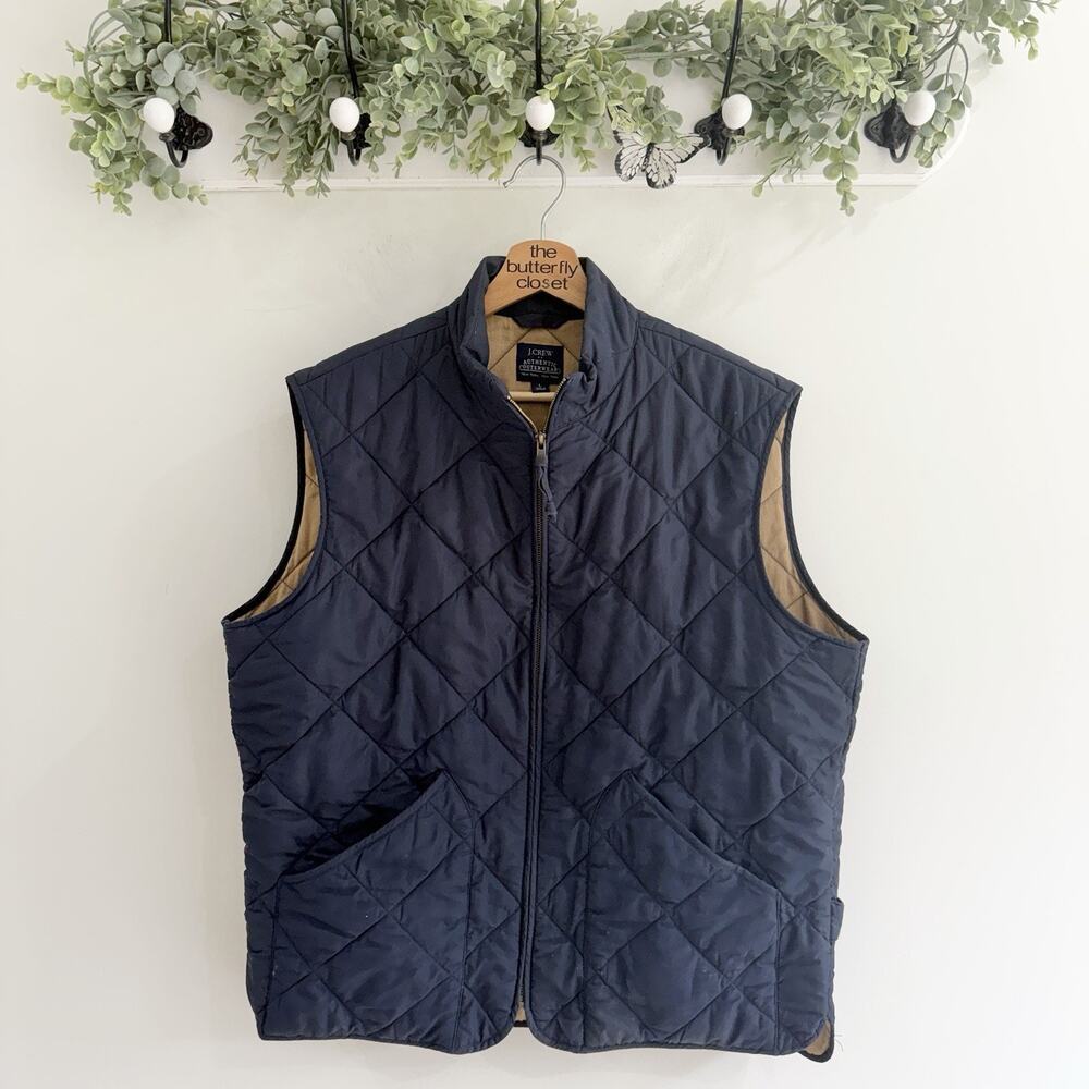 Mens J. Crew Navy Quilted Full Zip Vest Large outdoor hiking fishing golf